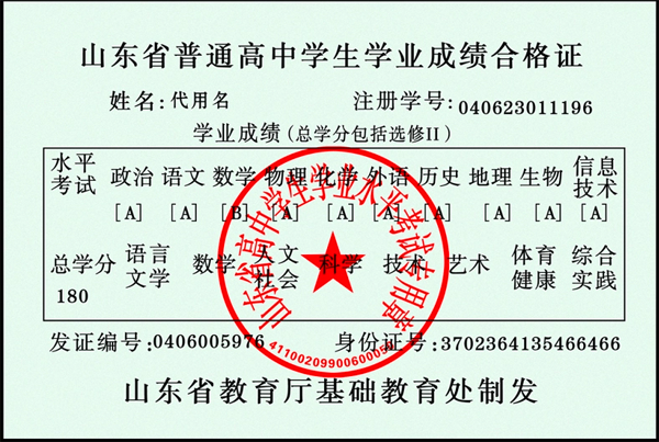 2018年山东省高中毕业证学业成绩单