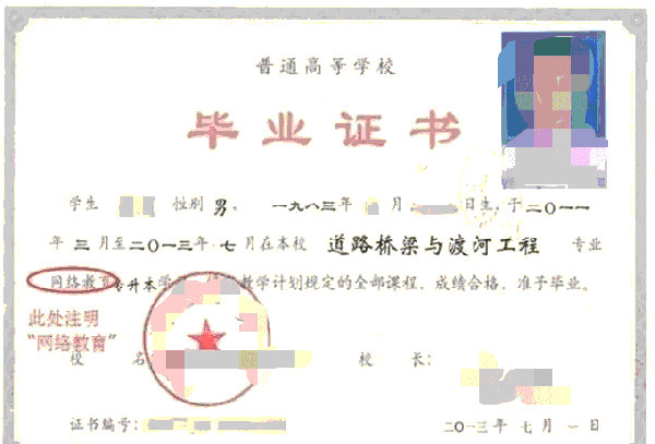 远程教育专升本毕业证书样本