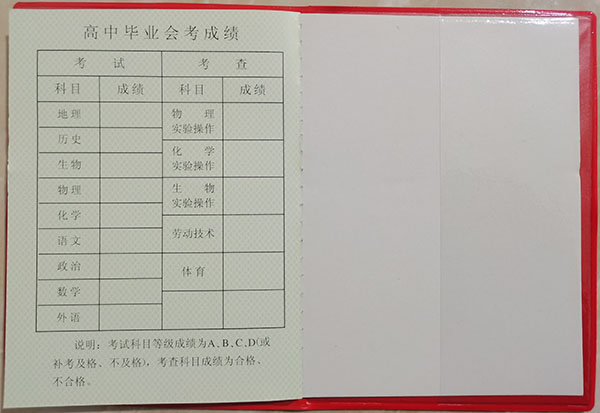 甘肃省1998年高中毕业证会考成绩单