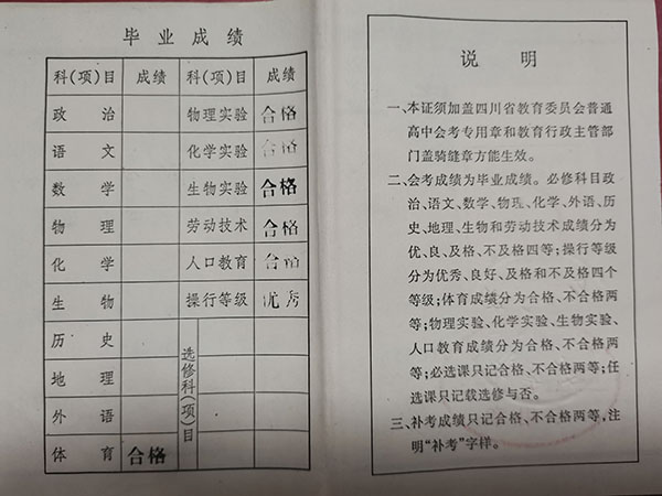 四川省1995年高中毕业证成绩单