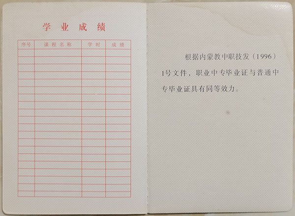 内蒙古2007年中专毕业证学业成绩单